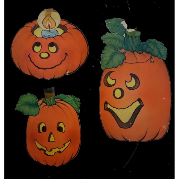 Vtg Felted Pumpkins Orange Fuzzy Double-Sided Halloween Cardboard Decorations Se - Picture 6 of 6